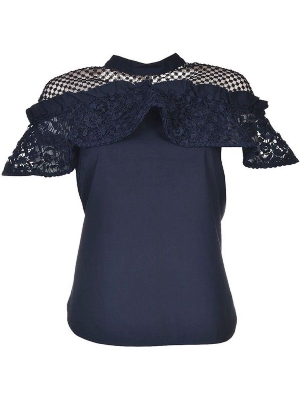 Self-Portrait Navy Lace & Mesh Ruffle Top - Picture 2 of 7